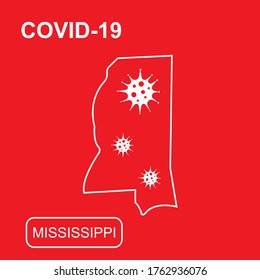 Map of Mississippi State labeled "COVID-19". White outline map on a red background. Vector illustration of a virus, coronavirus, epidemiology.