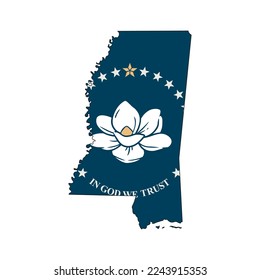 Mapa del estado de Mississippi con su bandera oficial aislada de fondo blanco. Ilustración del vector