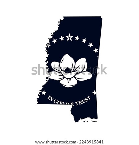 Map of the Mississippi state with the official flag in white and black colors isolated on white background. Vector illustration