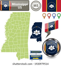 Map of Mississippi state, US with flag and counties. Vector image