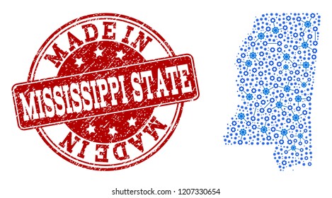 Map of Mississippi State vector mosaic and Made In grunge stamp. Map of Mississippi State designed with blue cog relations. Made in red seal with grunge rubber texture.