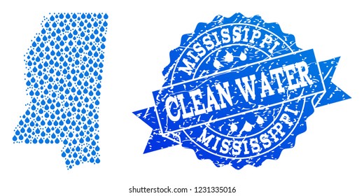 Map of Mississippi State vector mosaic and clean water grunge stamp. Map of Mississippi State formed with blue water tears. Seal with grunge rubber texture for clear drinking water.