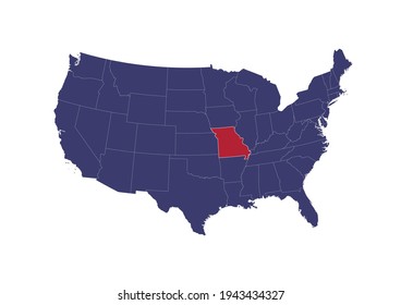 Map of Missouri. The map is colored in the colors of the US flag. Map shows the location of Missouri in the USA. This file is appropriate for digital editing and prints of all sizes.