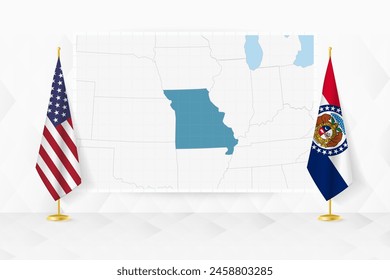 Map of Missouri and flags of Missouri on flag stand. Vector illustration for diplomacy meeting.