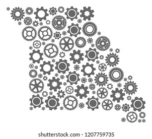 Map of Missouri State composed with gray cog symbols. Vector abstract mosaic of map of Missouri State with industry symbols. Engineering flat design for industry applications.