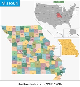 Map of Missouri state designed in illustration with the counties and the county seats