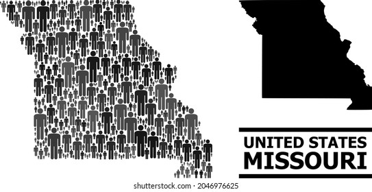 Map of Missouri State for social posters. Vector demographics mosaic. Concept map of Missouri State composed of population elements. Demographic concept in dark grey color tinges.