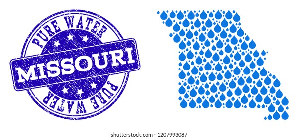 Map of Missouri State vector mosaic and Pure Water grunge stamp. Map of Missouri State formed with blue water raindrops. Seal with grunge rubber texture for clear drinking water.