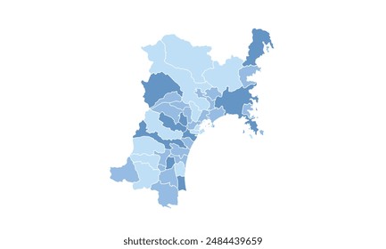 Mapa de Miyagi aislado azul tono color style.Map de Japón.for diseños de Sitio web, fondo, educación, precisa, personalizable, viajes por todo el mundo, mapa silueta de fondo, geografía de la tierra, política.