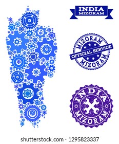 Map of Mizoram State formed with blue wheel symbols, and isolated rubber watermarks for official repair services. Vector abstract mosaic of map of Mizoram State with repair symbols in blue color hues.