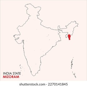 Mapa de Mizoram, ubicación del estado de Mizoram en el Mapa Indio, mapa esquemático de India con esquema Mizoram.