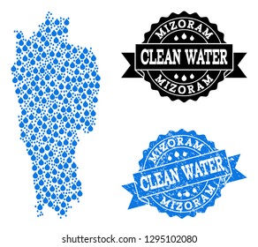 Map of Mizoram State vector mosaic and clean water grunge stamp. Map of Mizoram State formed with blue water raindrops. Seal with grunge rubber texture for clean drinking water.