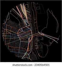 Map of Mobile, Alabama with all major and minor roads, railways and waterways. Colorful line art on black background.