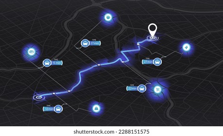 Map mobile app planning travel. Isometric map with information pointers, signs, arrows for travel. City map route, location symbols and navigational system mark. Detailed view of city. Vector