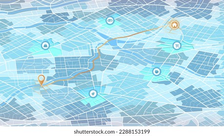 Map mobile app planning travel. Isometric map with information pointers, signs, arrows for travel. City map route, location symbols and navigational system mark. Detailed view of city. Vector