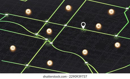 Mapear viajes de planificación de aplicaciones móviles. Mapa isométrico. Ruta del mapa de la ciudad, símbolos de ubicación y marca del sistema de navegación. Vector, ilustración aislada en fondo blanco.
