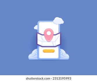 Map Mobile Anwendung. GPS, Standort und Navigator. Smartphone mit Wolken, Karten, Orts- oder Platzierungssymbolen. Technologie. 3D Konzept Illustration Design und Minimalismus. Vektorelemente. blau 