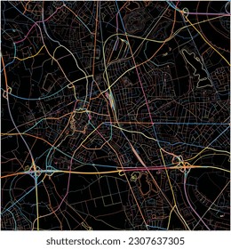 Map of Moers, North Rhine-Westphalia with all major and minor roads, railways and waterways. Colorful line art on black background.