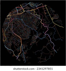 Map of MogidasCruzes with all major and minor roads, railways and waterways. Colorful line art on black background.