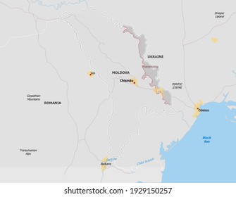 Map of Moldova. Map is drawn in high detail and for clarity shows only major cities. Country is drawn with neighboring countries.