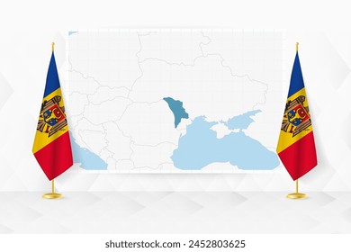 Map of Moldova and flags of Moldova on flag stand. Vector illustration for diplomacy meeting.