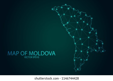 Map of Moldova - With glowing point and lines scales on The Dark Gradient Background, 3D mesh polygonal network connections. Vector illustration eps10.