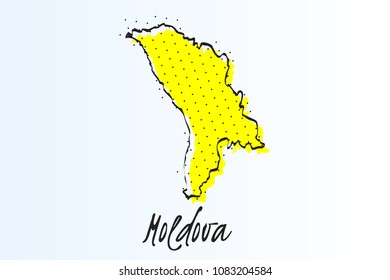 Map of Moldova, halftone abstract background. The black dots on a yellow background. drawn border line. vector illustration