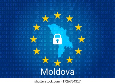 Map of Moldova, with lock and binary code background. europe union internet blocking, virus attack, privacy protect. vector illustration