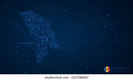 Mapa del diseño moderno de Moldavia con formas poligonales sobre fondo azul oscuro. Esferas de malla de alambre de negocios a partir de escombros voladores. Concepto de ilustración vectorial de estilo de estructura azul.