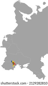 Map of Moldova with national flag within the gray map of Eastern Europe