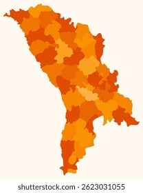 Mapa da Moldávia com regiões. Apenas um simples mapa de fronteira de país com divisão de região. Paleta de cores laranja. República da Moldávia forma simples com divisão administrativa. Ilustração vetorial.