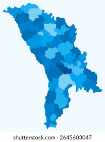 Map of Moldova with regions. Just a simple country border map with region division. Light blue color palette. Plain Republic of Moldova shape with administrative division. Vector illustration.