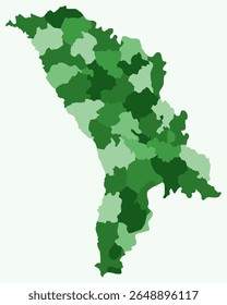 Map of Moldova with regions. Just a simple country border map with region division. Green color palette. Blank Republic of Moldova shape with administrative division. Vector illustration.