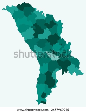 Map of Moldova with regions. Just a simple country border map with region division. Teal color palette. Blank Republic of Moldova shape with administrative division. Vector illustration.