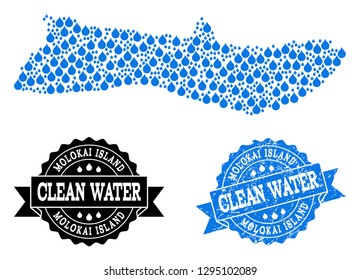 Map of Molokai Island vector mosaic and clean water grunge stamp. Map of Molokai Island designed with blue liquid drops. Seal with grunge rubber texture for pure drinking water.