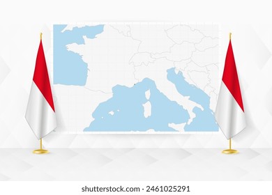 Map of Monaco and flags of Monaco on flag stand. Vector illustration for diplomacy meeting.