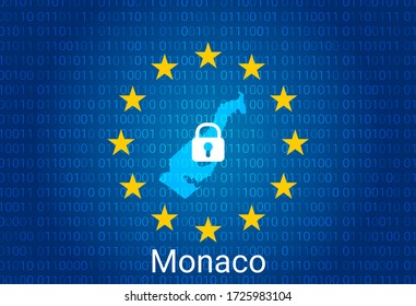 Map of Monaco, with lock and binary code background. europe union internet blocking, virus attack, privacy protect. vector illustration
