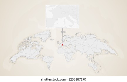 Map of Monaco with neighbor countries pinned on world map. Abstract triangles World Map.