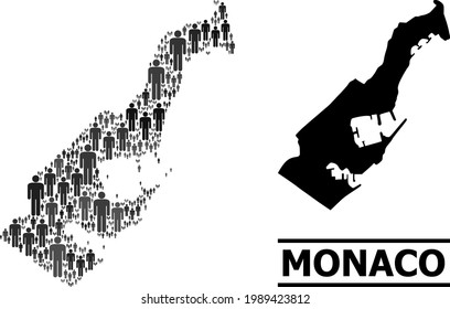 Map of Monaco for political doctrines. Vector demographics collage. Concept map of Monaco designed of people pictograms. Demographic concept in dark gray color variations.