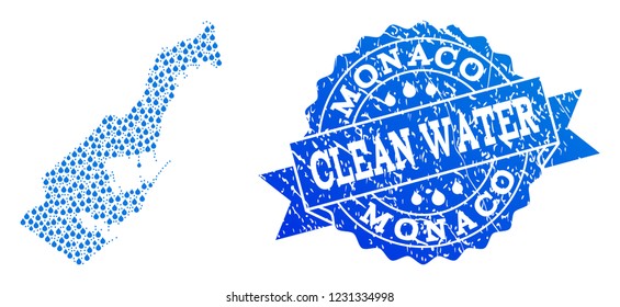 Map of Monaco vector mosaic and clean water grunge stamp. Map of Monaco created with blue water raindrops. Seal with scratched rubber texture for natural drinking water.