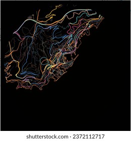 Map of Monaco-Ville with all major and minor roads, railways and waterways. Colorful line art on black background.