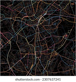 Map of Monchengladbach, North Rhine-Westphalia with all major and minor roads, railways and waterways. Colorful line art on black background.