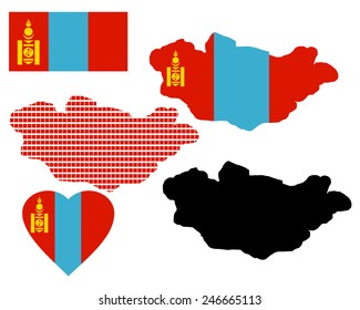 map of Mongolia and the different types of characters on a white background