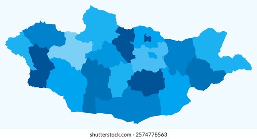 Map of Mongolia with regions. Just a simple country border map with region division. Light blue color palette. Flat Mongolia shape with administrative division. Vector illustration.