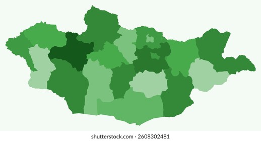 Map of Mongolia with regions. Just a simple country border map with region division. Green color palette. Blank Mongolia shape with administrative division. Vector illustration.