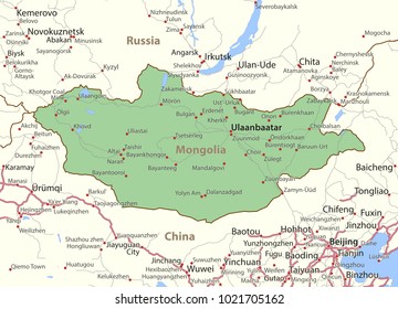 Map of Mongolia. Shows country borders,  place names and roads. Labels in English where possible.Projection: Mercator.