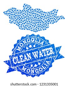 Map of Mongolia vector mosaic and clean water grunge stamp. Map of Mongolia created with blue aqua dews. Seal with grunge rubber texture for clean drinking water.
