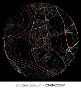 Map of MonheimamRhein, North Rhine-Westphalia with all major and minor roads, railways and waterways. Colorful line art on black background.