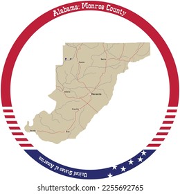 Map of Monroe county in Alabama, USA arranged in a circle.