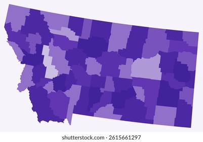 Map of Montana with counties. A simple state border map with county divisions. Deep purple color palette. Flat state of Montana shape with administrative divisions. Vector illustration.